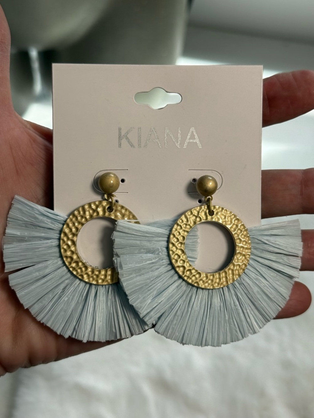 KIANA for Anthropologie Gold Hoop fringe Earrings pale blue